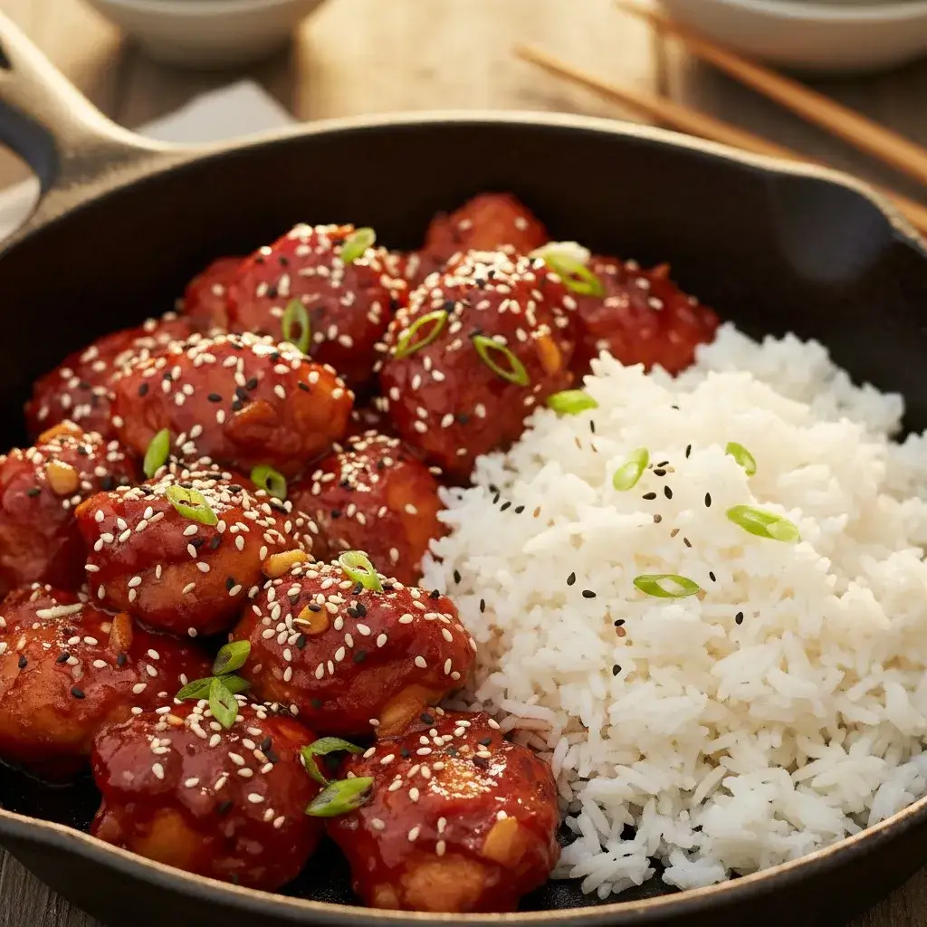 sticky honey gochujang chicken in a skillet