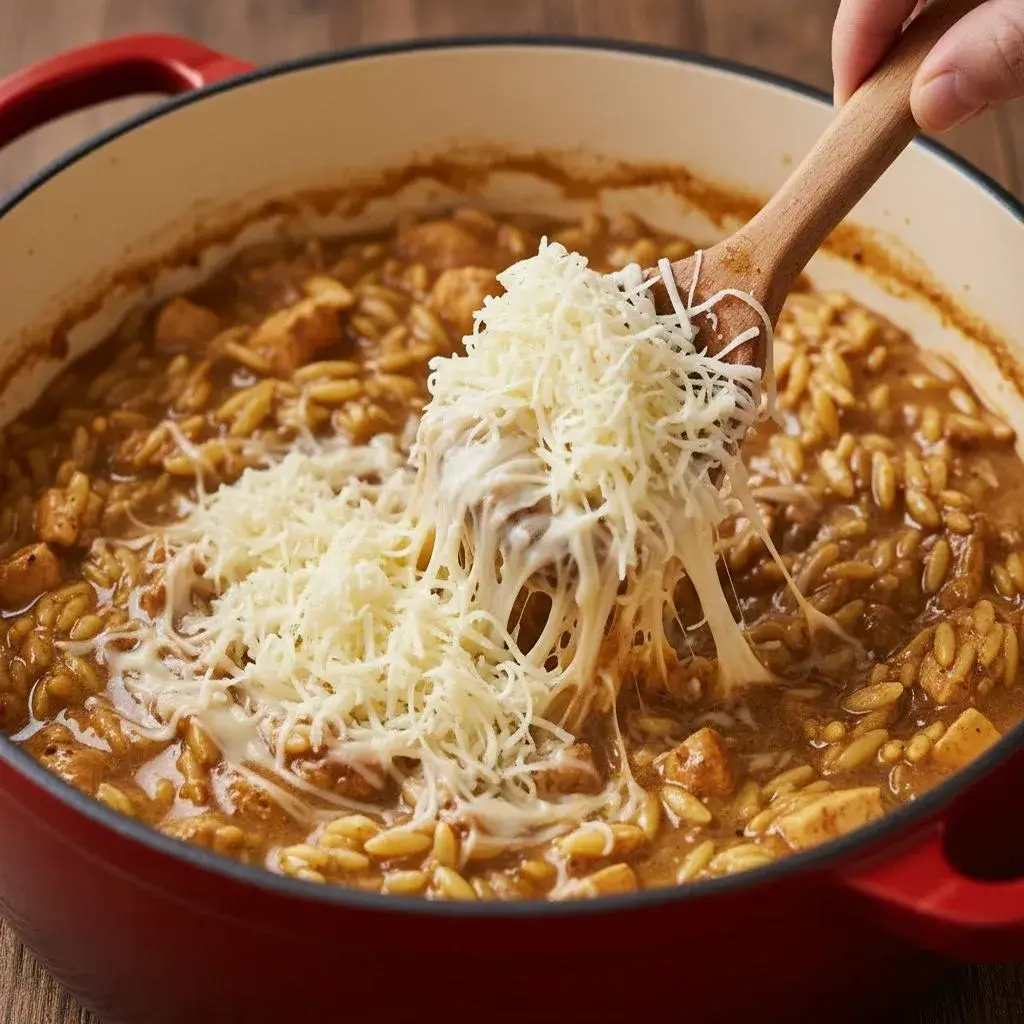stirring cheese into creamy orzo casserole