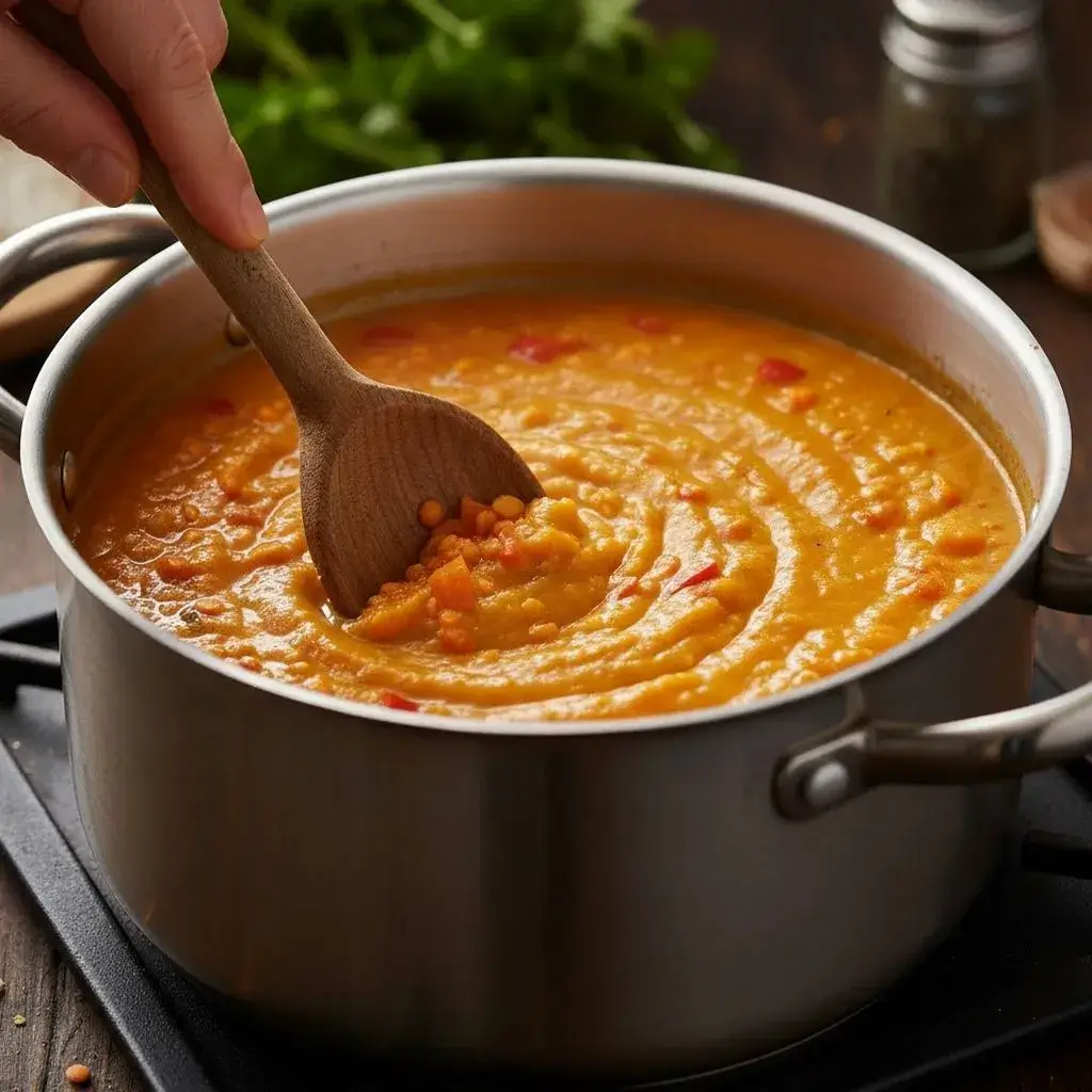 Simple Thai Coconut Red Lentil Soup 7 stirring simple thai coconut red lentil soup in a pot
