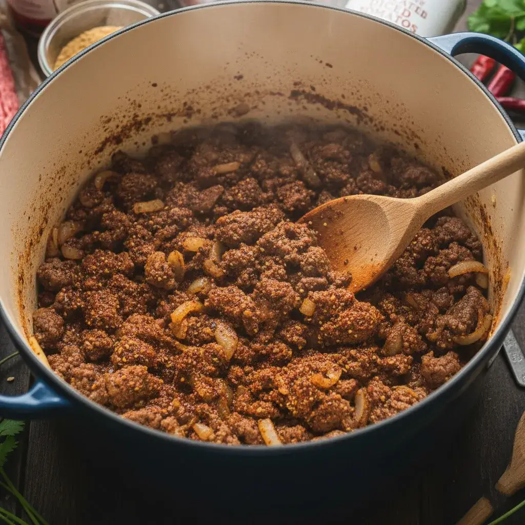 High Protein Chili: The Ultimate Cozy & Satisfying One-Pot Meal 9 browning meat and toasting spices for high protein chili