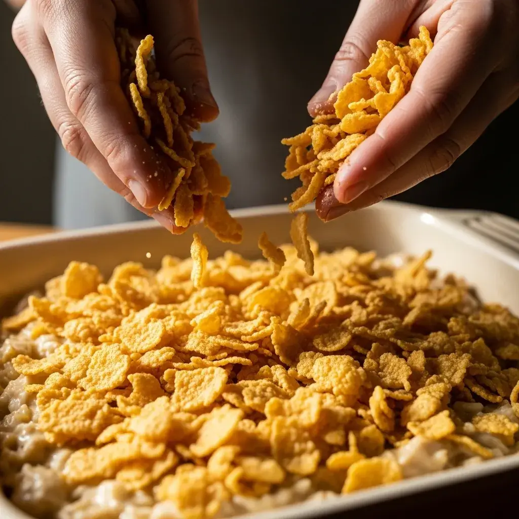 Classic Breakfast Hashbrown Casserole 9 adding-cornflake-topping-to-hashbrown-casserole