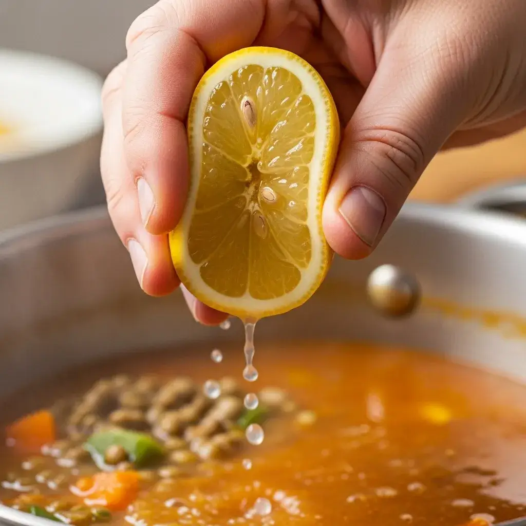 High Fiber Lebanese Lemon Lentil Soup 10 adding-fresh-lemon-to-lentil-soup