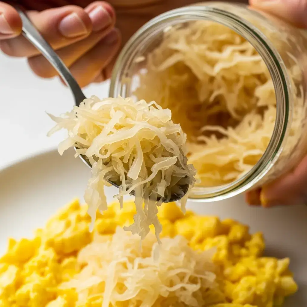 Gut-Healing Turmeric Scramble Recipes 9 adding-sauerkraut-to-turmeric-scramble