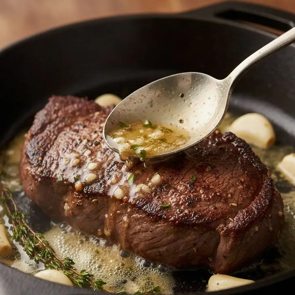 Garlic Butter Steak with Parmesan Cream Sauce: The Best 3 Steps 8 basting-garlic-butter-steak-in-skillet