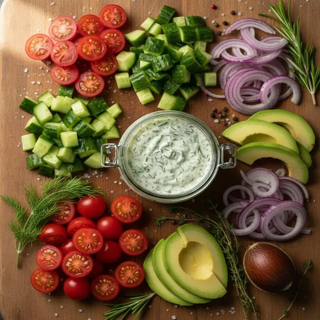 Healthy Chicken & Sweet Potato Bowls 9 fresh-vegetables-creamy-dressing-for-bowl