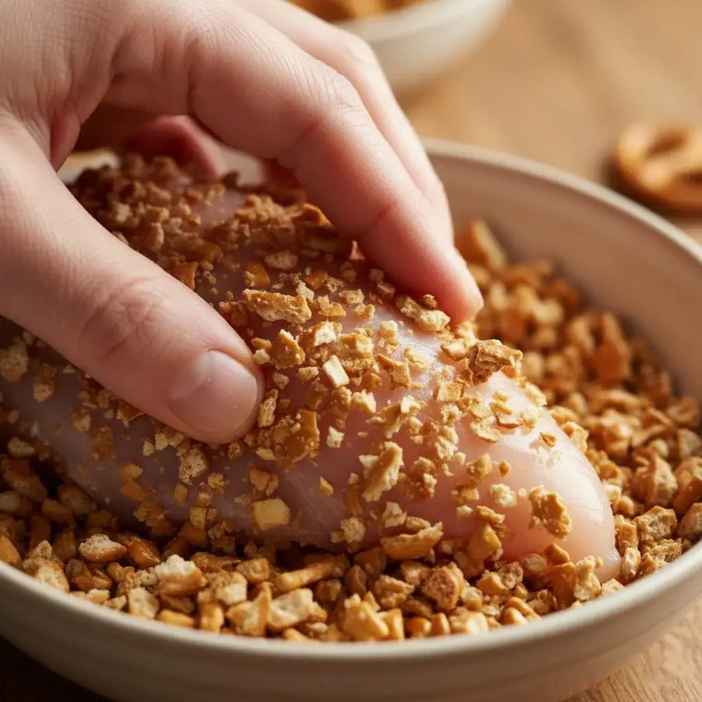 Pretzel Chicken with Mustard-Cheddar Sauce: The Best Crispy Baked Dinner 7 breading-chicken-with-crushed-pretzels