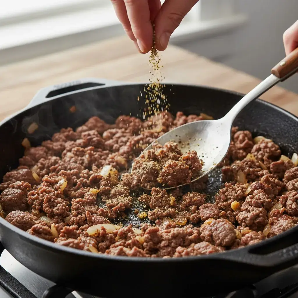 Creamy Parmesan Garlic Beef Bowtie Pasta 7 browning-ground-beef-for-creamy-pasta