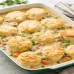 a serving of chicken pot pie casserole with biscuits