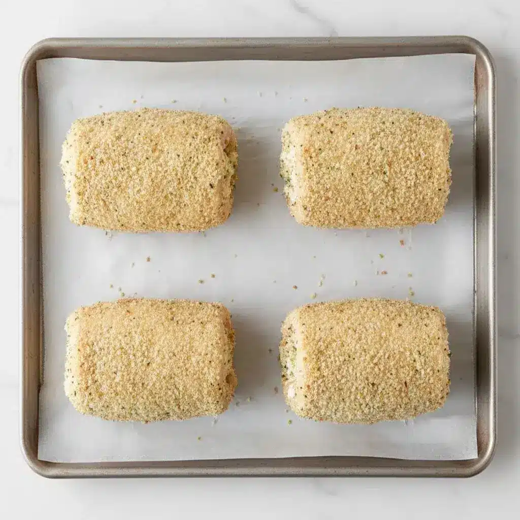 Herbed Ricotta Stuffed Chicken Rolls 10 herbed ricotta chicken rolls on baking sheet before oven