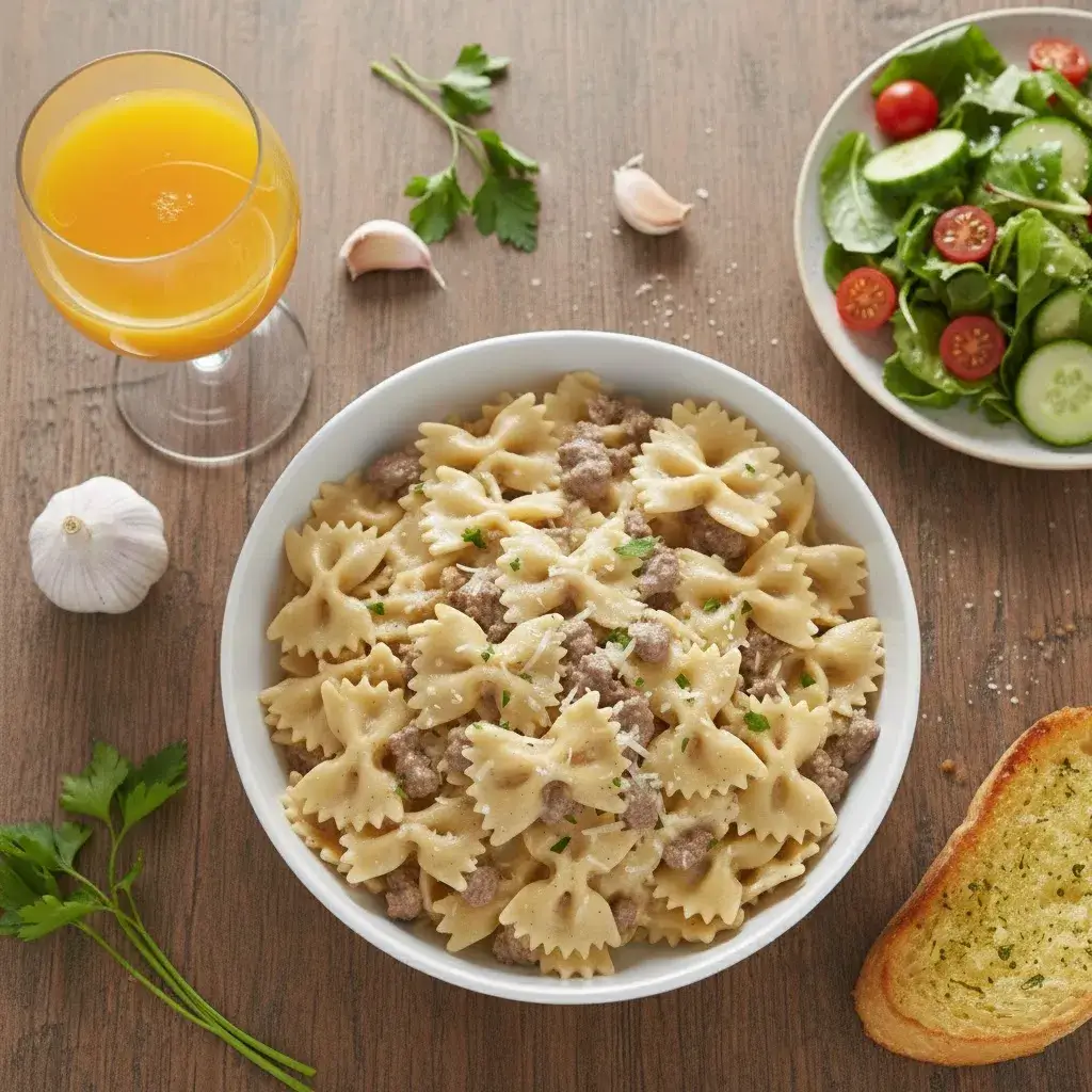 Creamy Parmesan Garlic Beef Bowtie Pasta 9 creamy-beef-bowtie-pasta-meal-with-side-salad