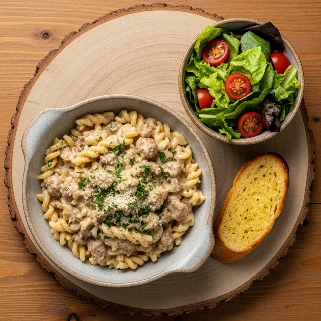 One-Pot Creamy Sausage Pasta 9 complete-meal-with-creamy-sausage-pasta-and-sides