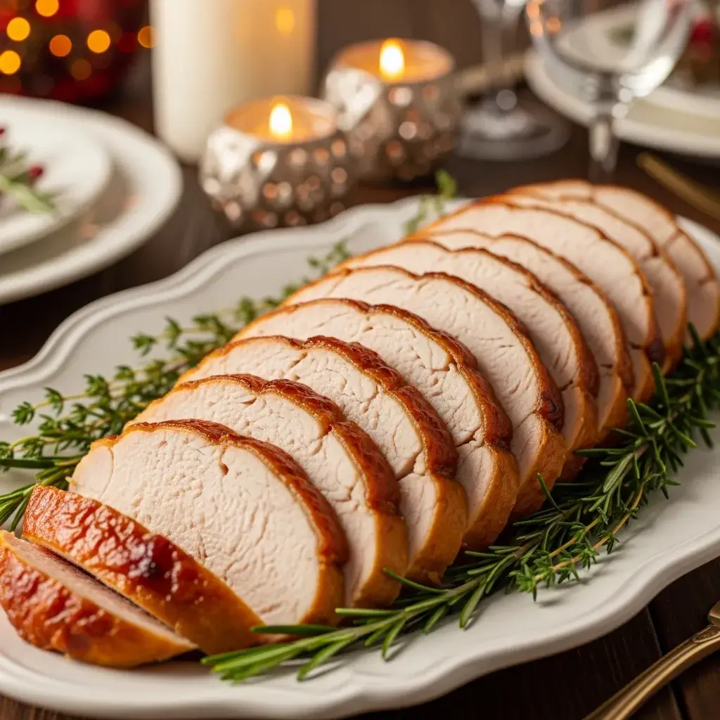 sliced juicy crockpot turkey breast on a platter
