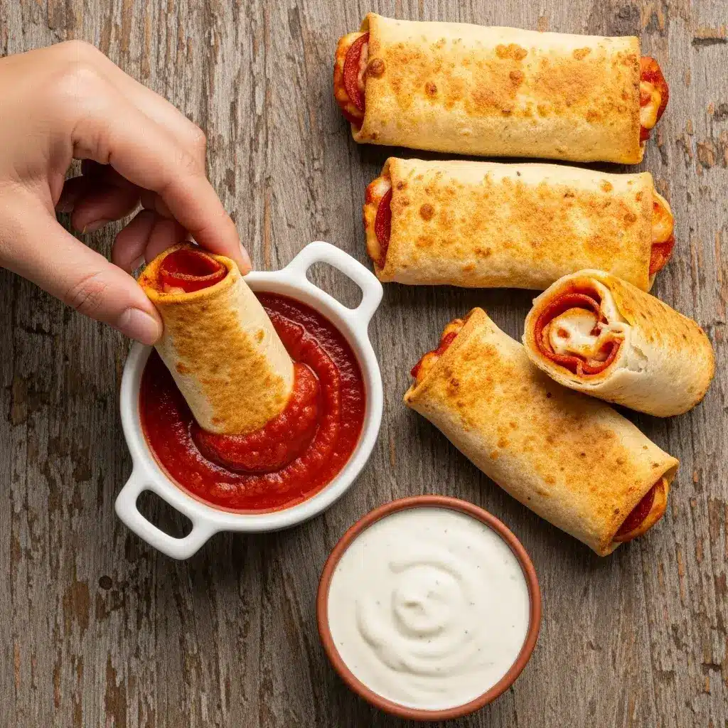 Air Fryer Tortilla Pizza Rolls 9 dipping-air-fryer-pizza-roll-in-sauce