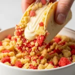 Strawberry Crunch Cheesecake Tacos 6 dipping cheesecake taco in strawberry crunch topping