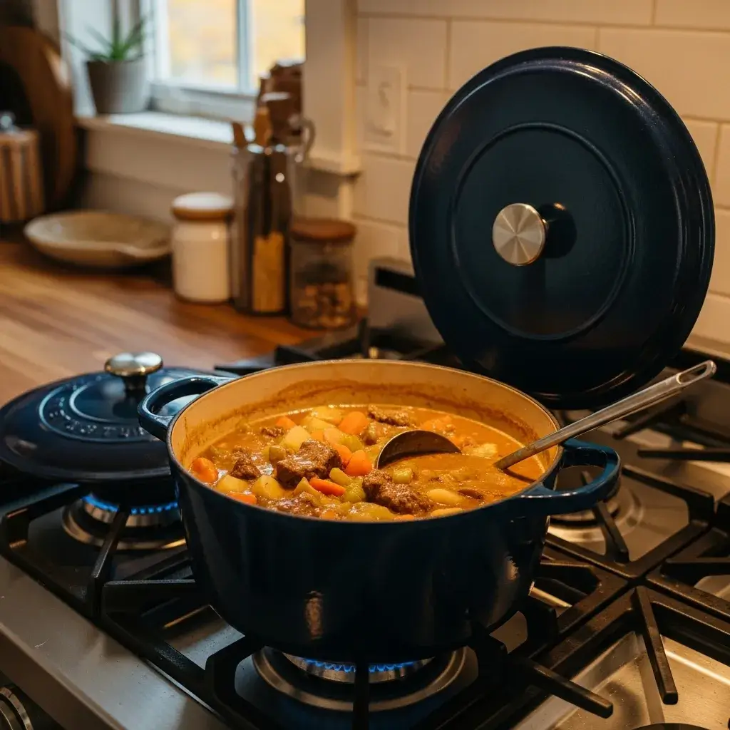 Creamy Vegan Vegetable Stew with Sun-Dried Tomatoes 9 finished creamy vegan stew in a pot