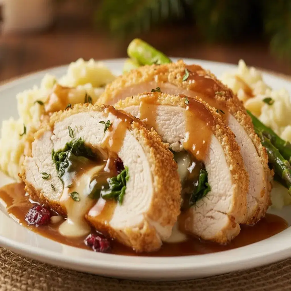 Cranberry & Spinach Stuffed Chicken with Brie 11 holiday dinner plate with stuffed chicken and sides