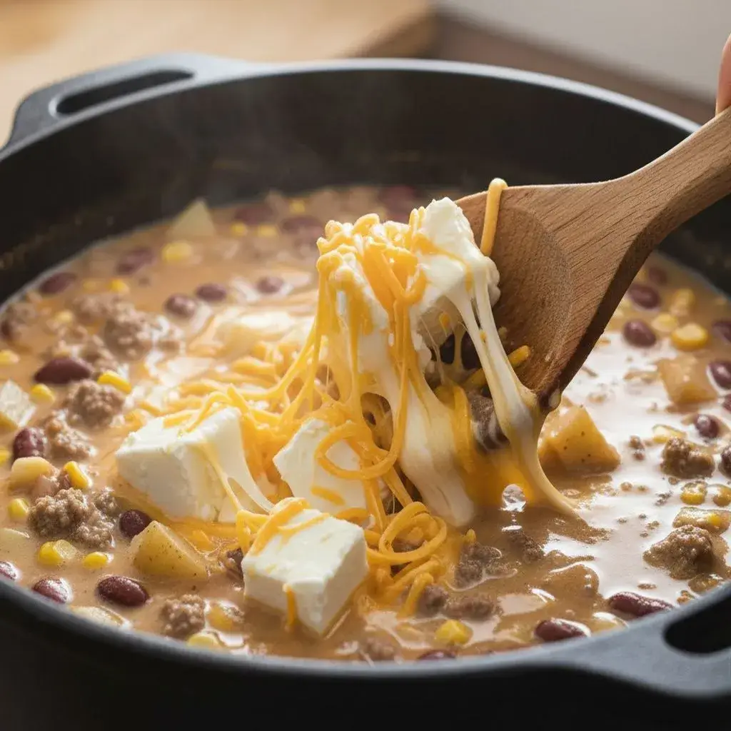 Creamy Cowboy Soup Recipe 8 melting cheese into creamy cowboy soup