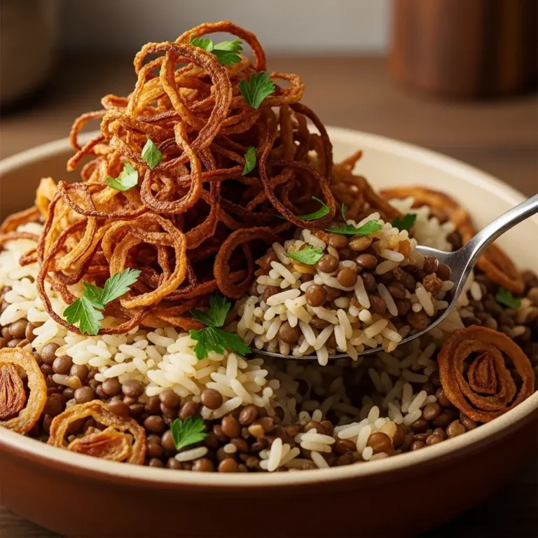 Mujadara (Lebanese Lentils and Rice): The Humble, Heavenly Comfort Food 6 a bowl of mujadara lebanese lentils and rice with crispy onions