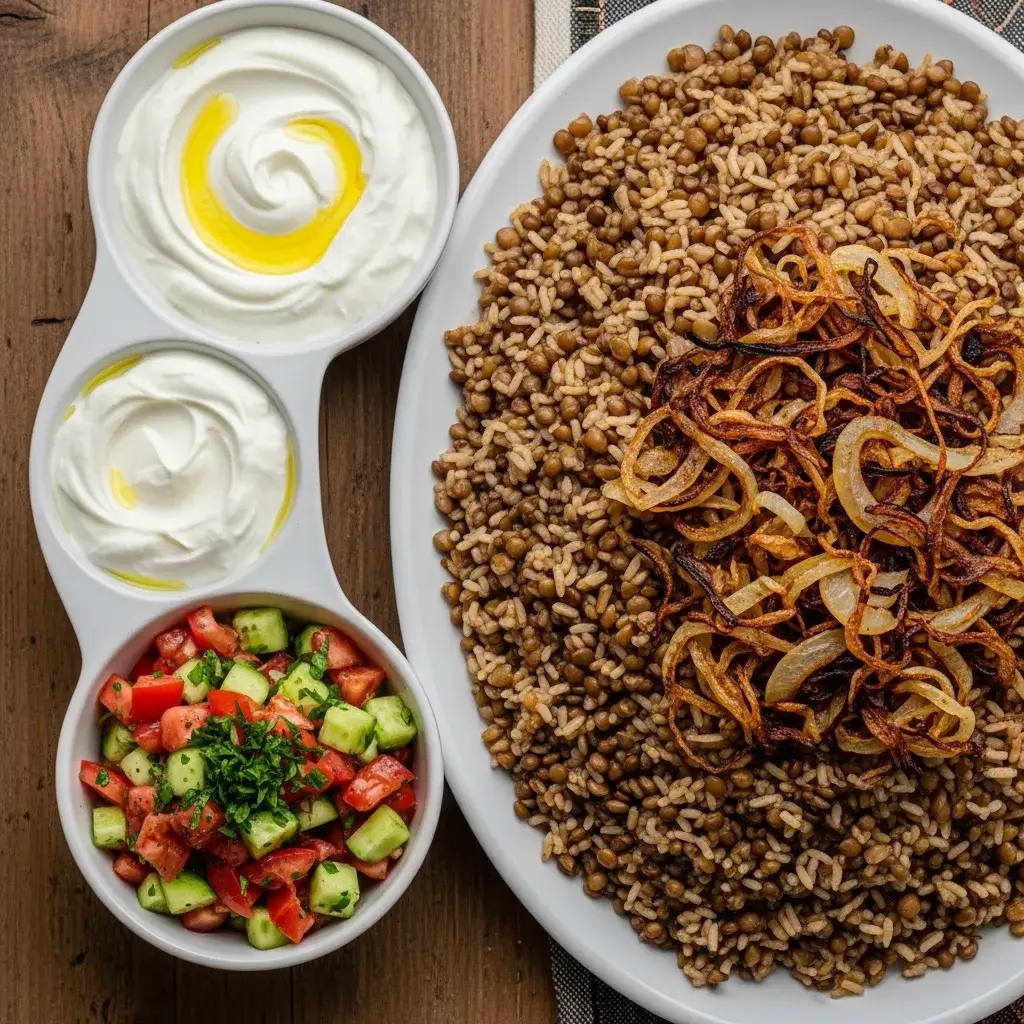 Mujadara (Lebanese Lentils and Rice): The Humble, Heavenly Comfort Food 11 serving mujadara with yogurt and salad