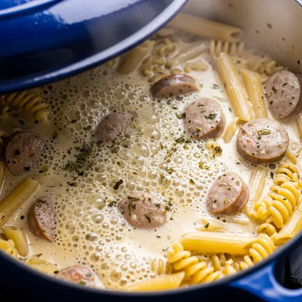 One-Pot Creamy Sausage Pasta 8 one-pot-sausage-pasta-simmering-on-stove