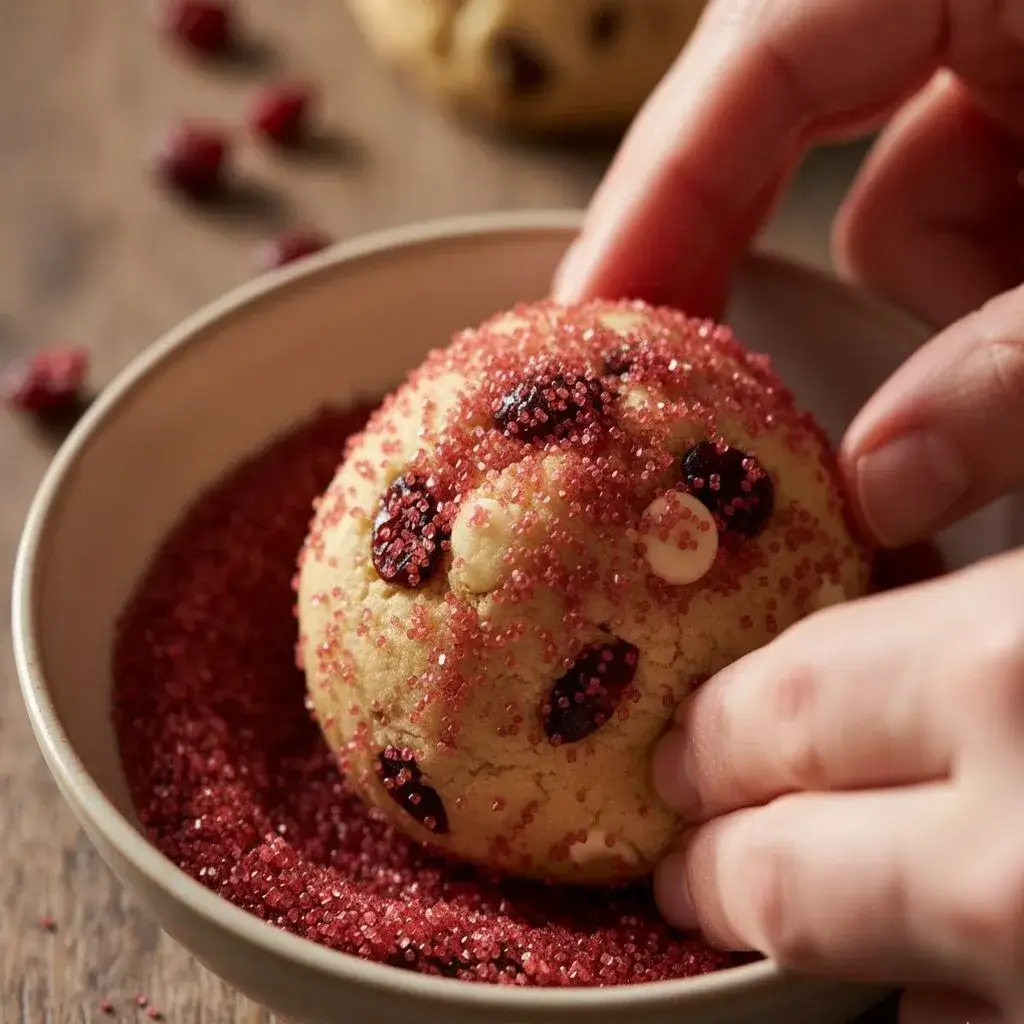 Easy Sparkling Cranberry Cookies 7 rolling-cookie-dough-in-sparkling-sugar