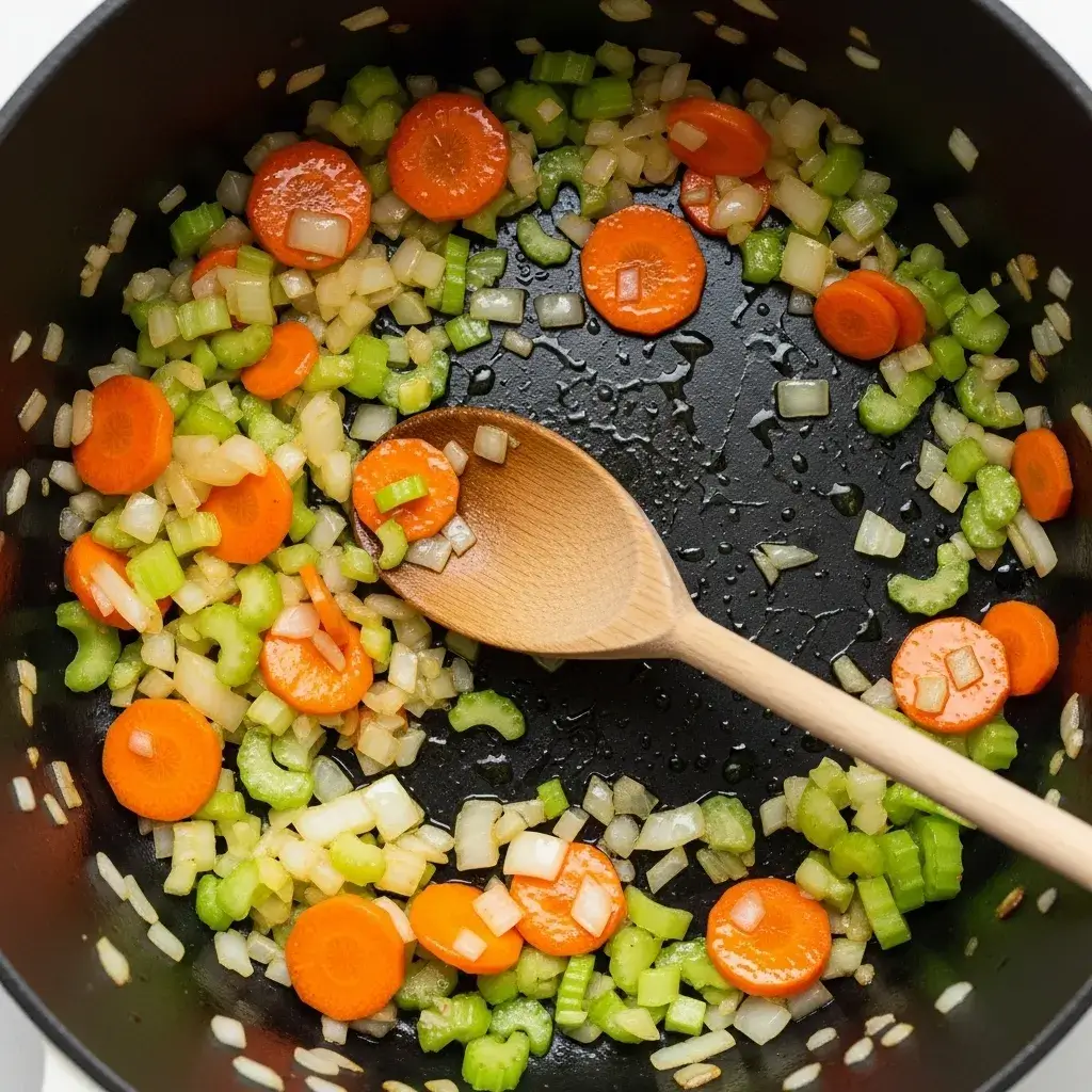 Creamy Vegan Vegetable Stew with Sun-Dried Tomatoes 8 sautรฉing vegetable base for vegan stew