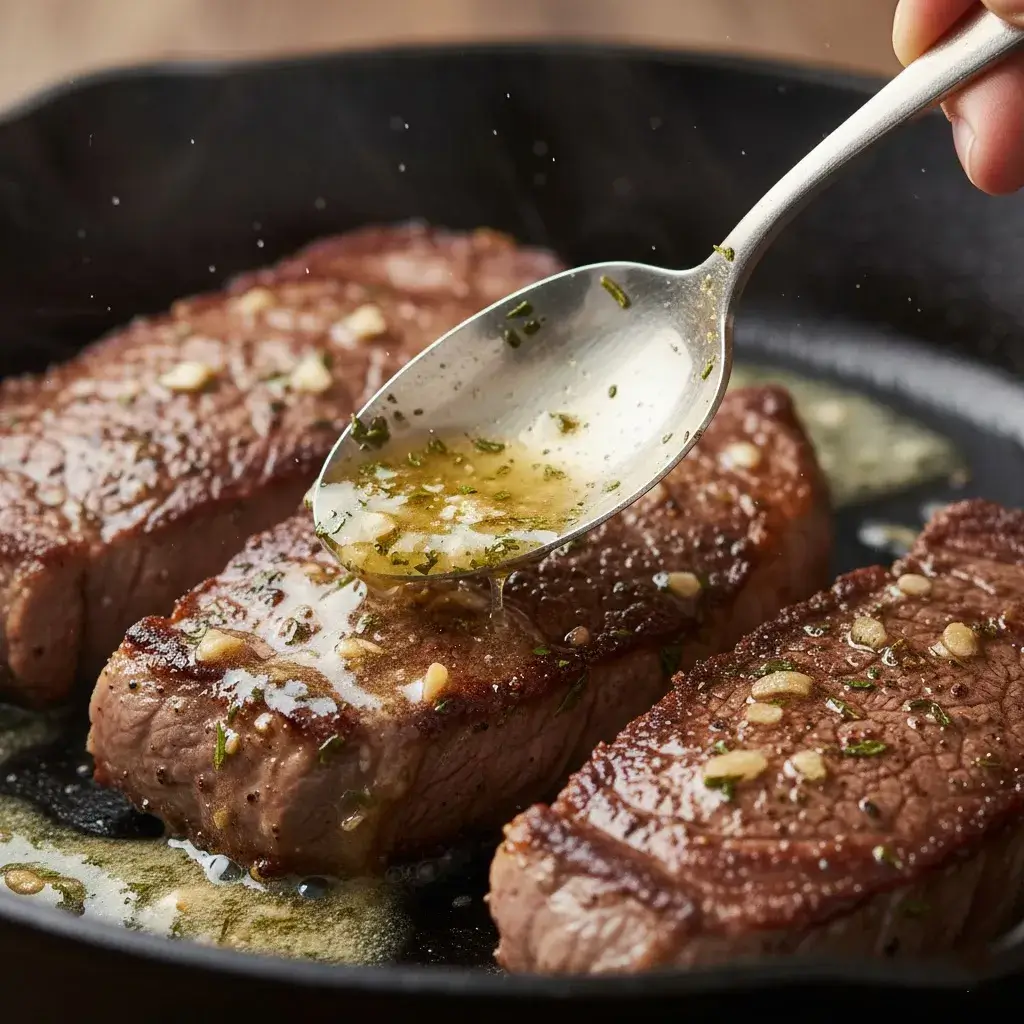 Garlic Parmesan Steak Tortellini 7 searing-garlic-butter-steak-for-tortellini