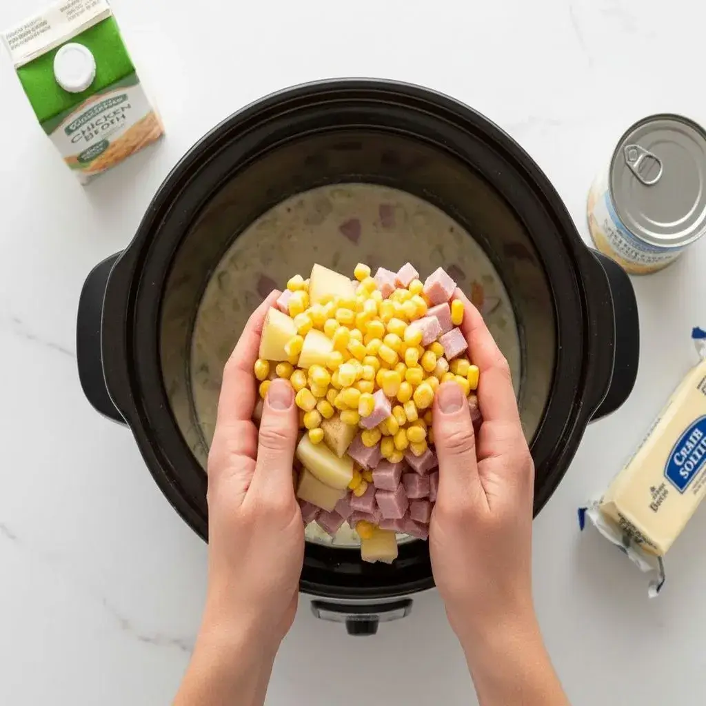 Easy Slow Cooker Amish Corn Chowder (So Hearty!) 7 adding ingredients to slow cooker for corn chowder