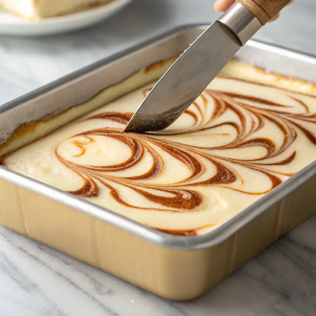 Cinnamon Roll Bliss Bars: Your Gooey, No-Yeast Dessert Dream 7 swirling cinnamon bar batter closeup 1
