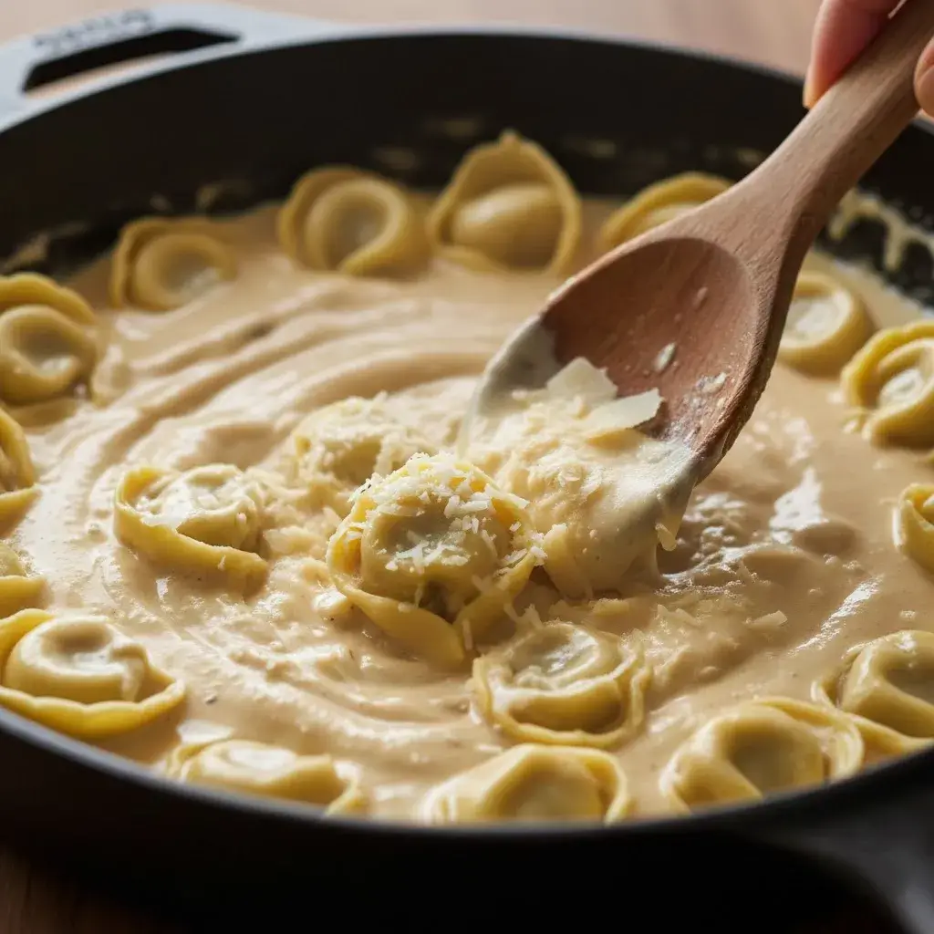 Garlic Parmesan Steak Tortellini 8 tortellini-cooking-in-parmesan-cream-sauce