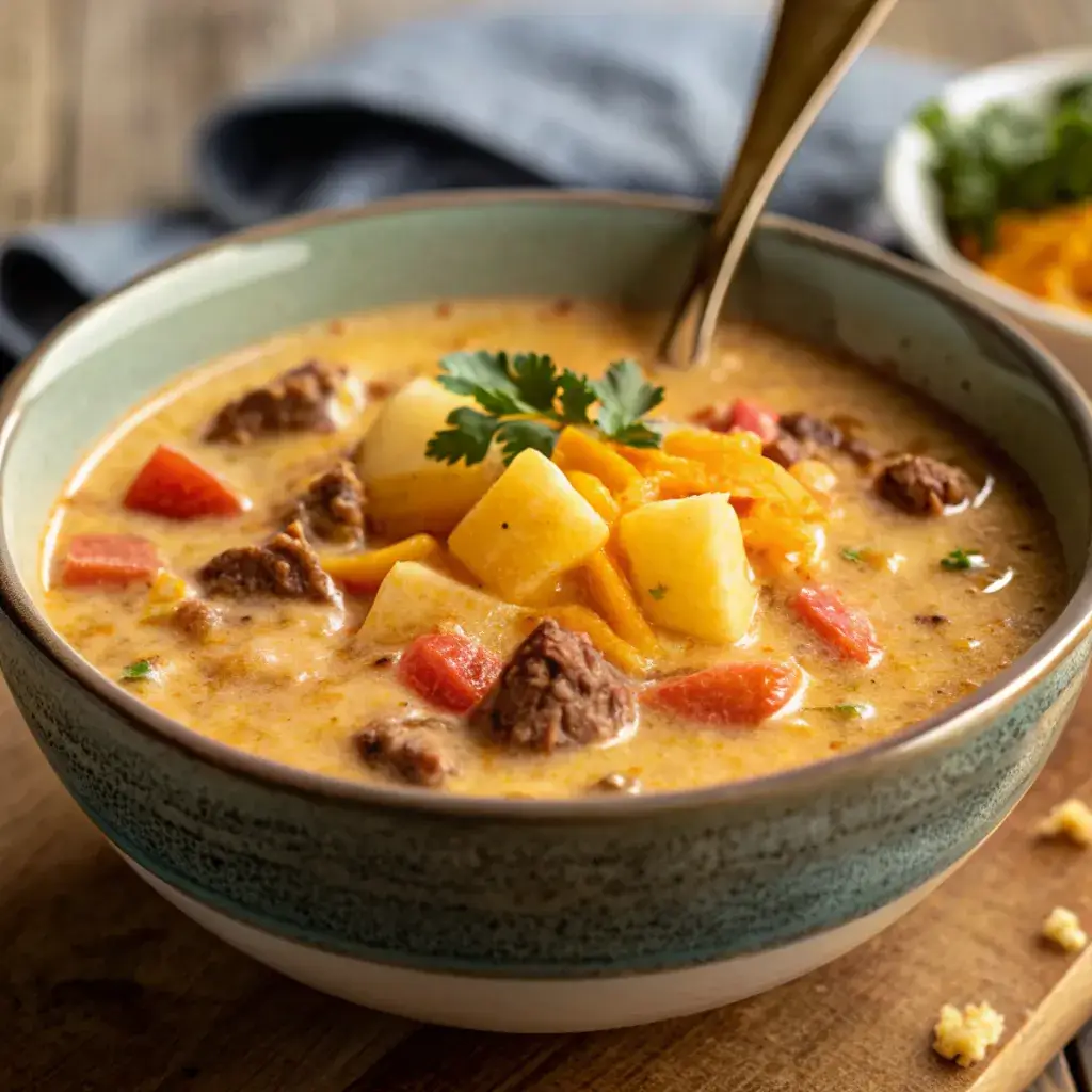 creamy cowboy soup in a rustic bowl