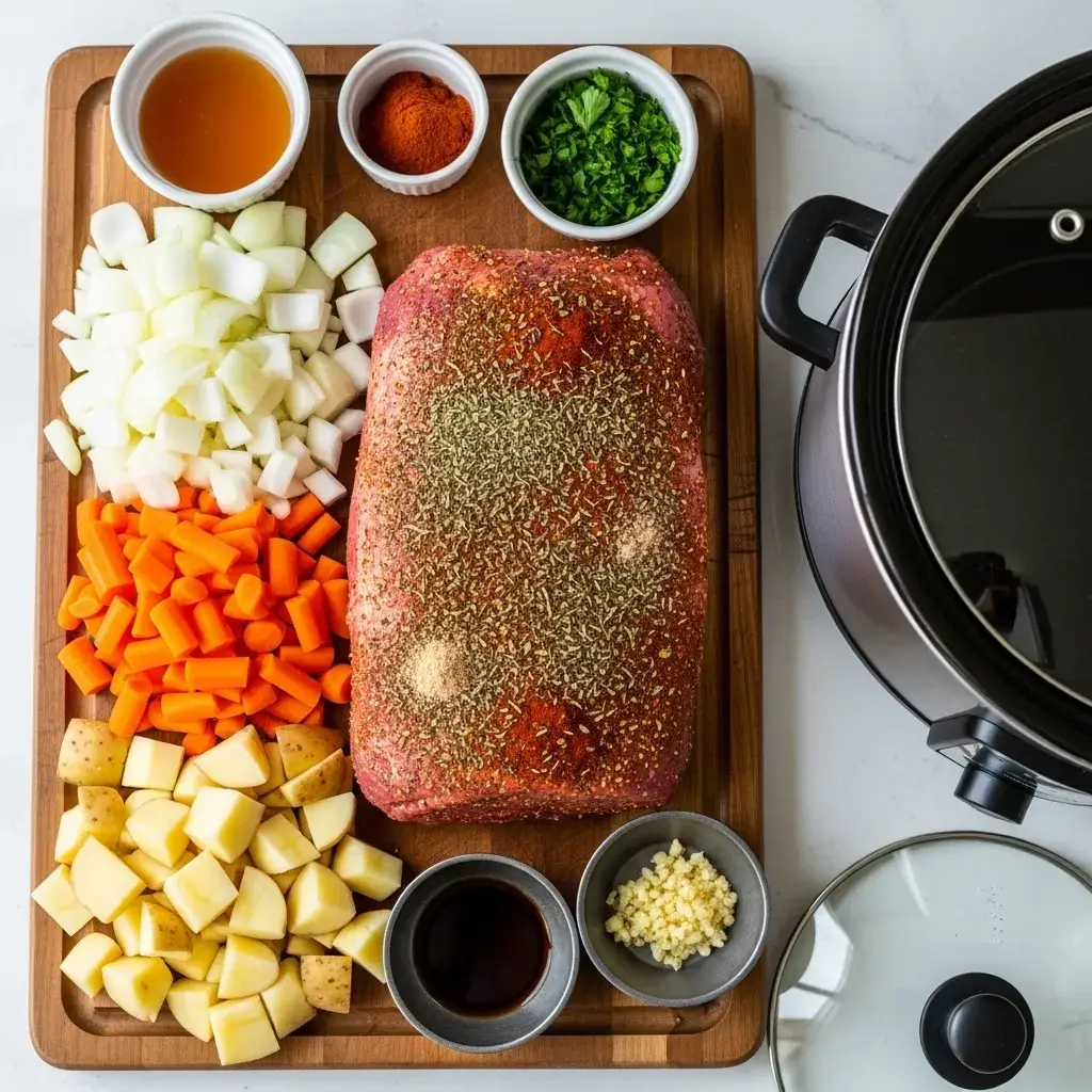 Easy Slow Cooker Crockpot Meals 8 prepped ingredients for easy slow cooker meal