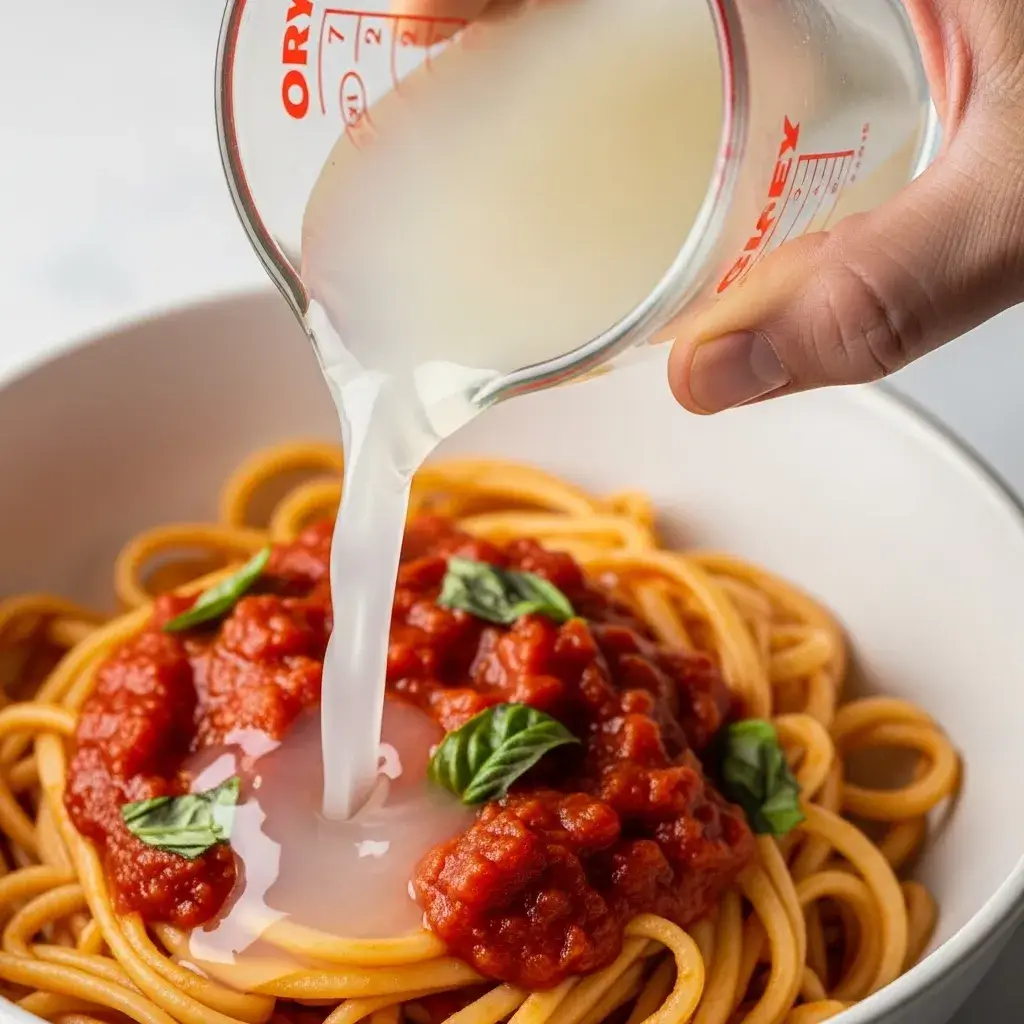 10-Minute High Protein Pasta: Your Busy Night Savior 10 adding reserved pasta water to sauce