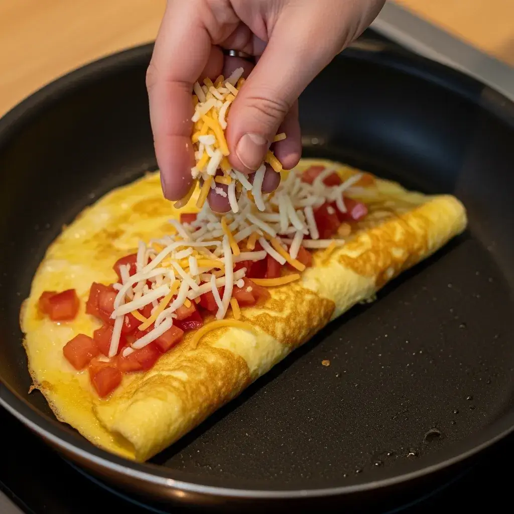 Easy Tomato Cheese Omelette 10 adding tomato and cheese to omelette filling (2)