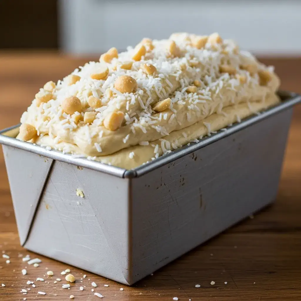 COCONUT MACADAMIA BANANA BREAD 10 banana bread loaf topped with coconut and nuts before baking