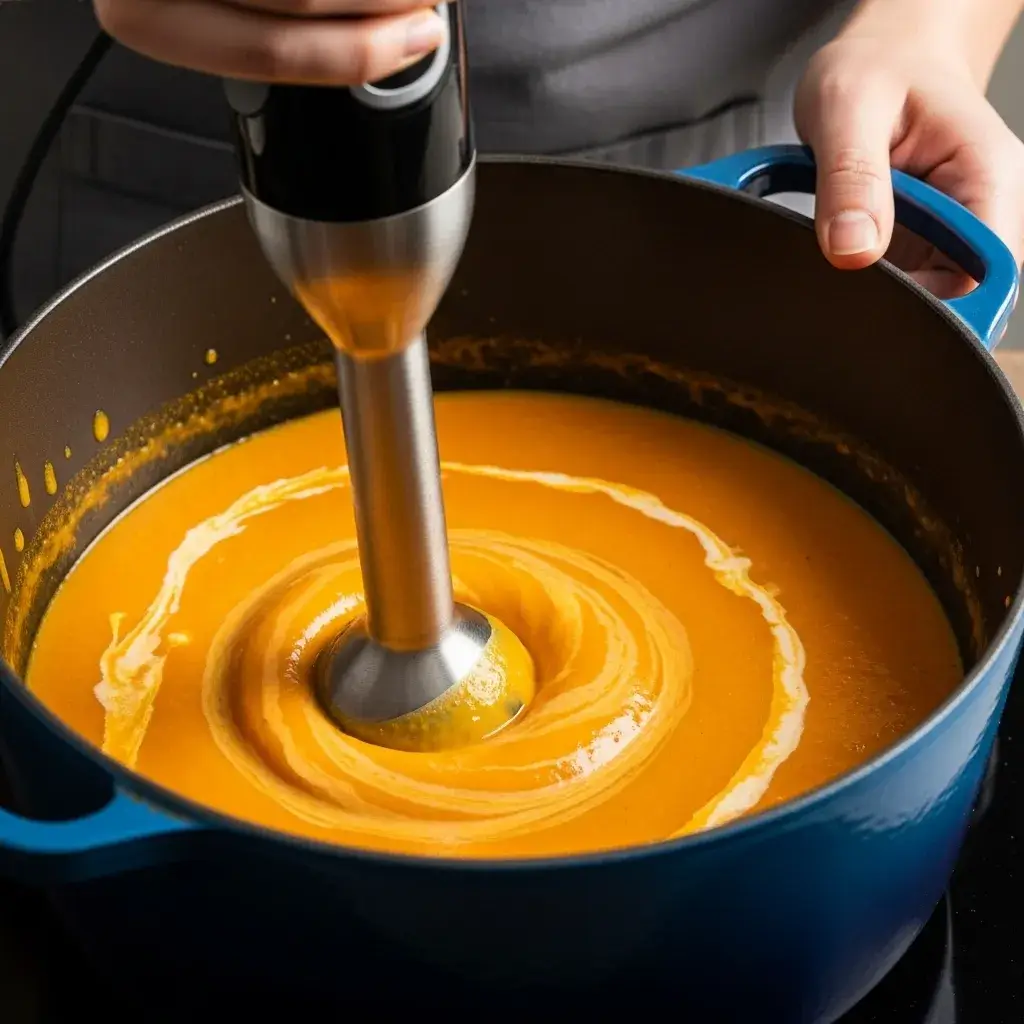 Butternut Squash Carrot Soup: Your New Favorite Cozy Bowl 8 blending-butternut-squash-carrot-soup-with-immersion-blender