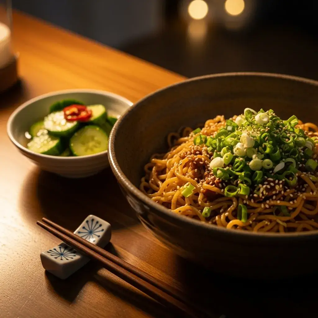 Chili Garlic Noodles: Your New Favorite 15-Minute Meal 11 bowl-of-chili-garlic-noodles-served-with-pickles