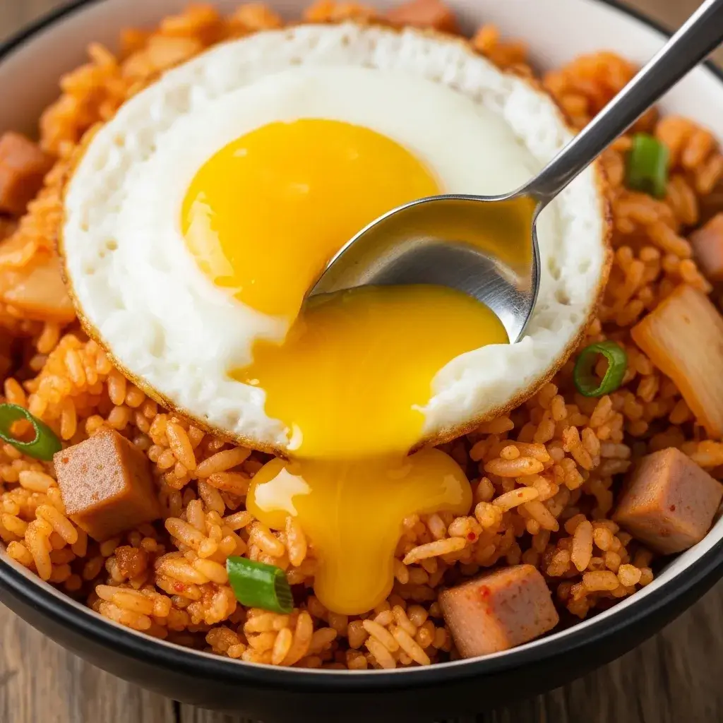 Kimchi Fried Rice! This authentic 15-minute recipe is tangy 10 bowl of kimchi fried rice with runny egg yolk