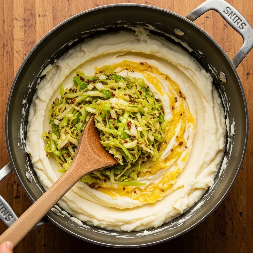 Colcannon Recipe with Mustard Powder 9 folding-cabbage-into-mashed-potatoes-for-colcannon