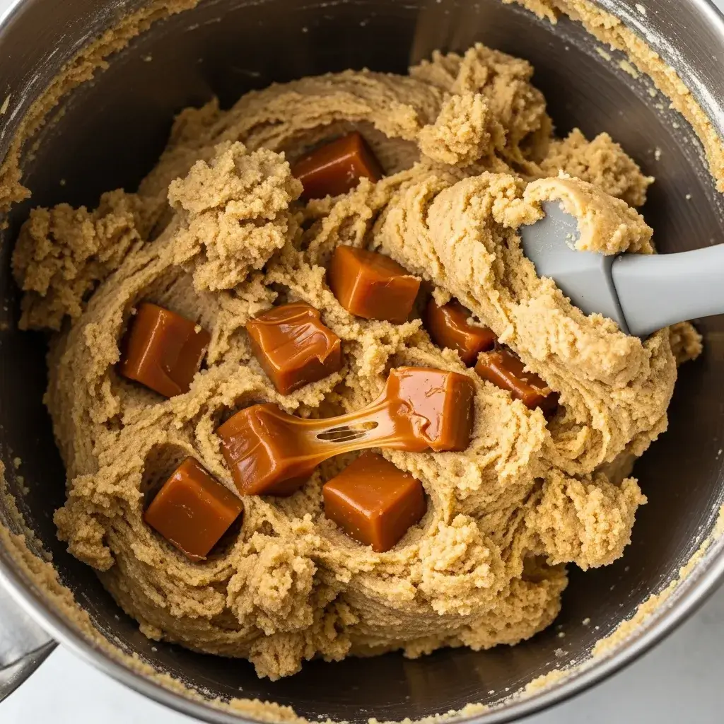Salted Caramel Cookies (No Bake Recipe) 9 folding-caramel-into-salted-caramel-cookie-dough