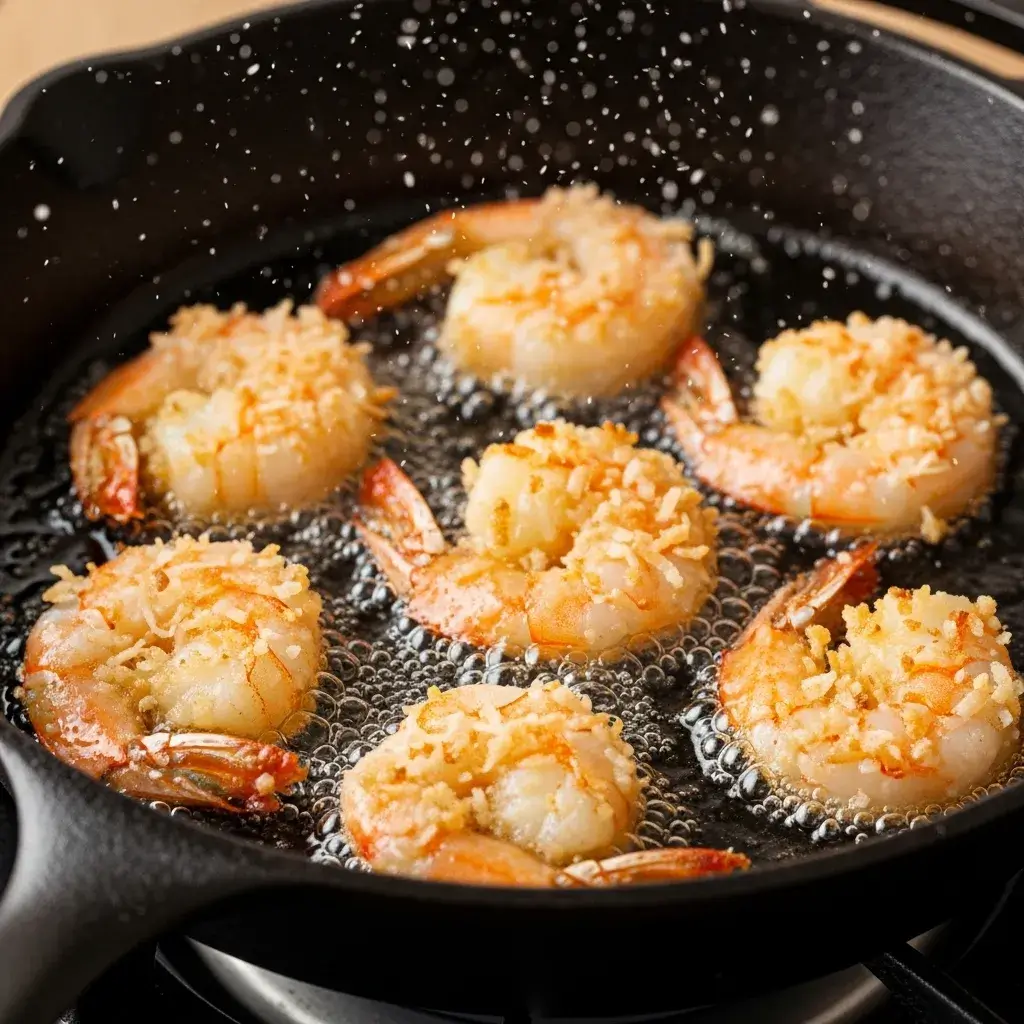 Crispy Coconut Shrimp Recipe with Dipping Sauce: Your New Favorite Party Trick 9 frying crispy coconut shrimp in hot oil skillet