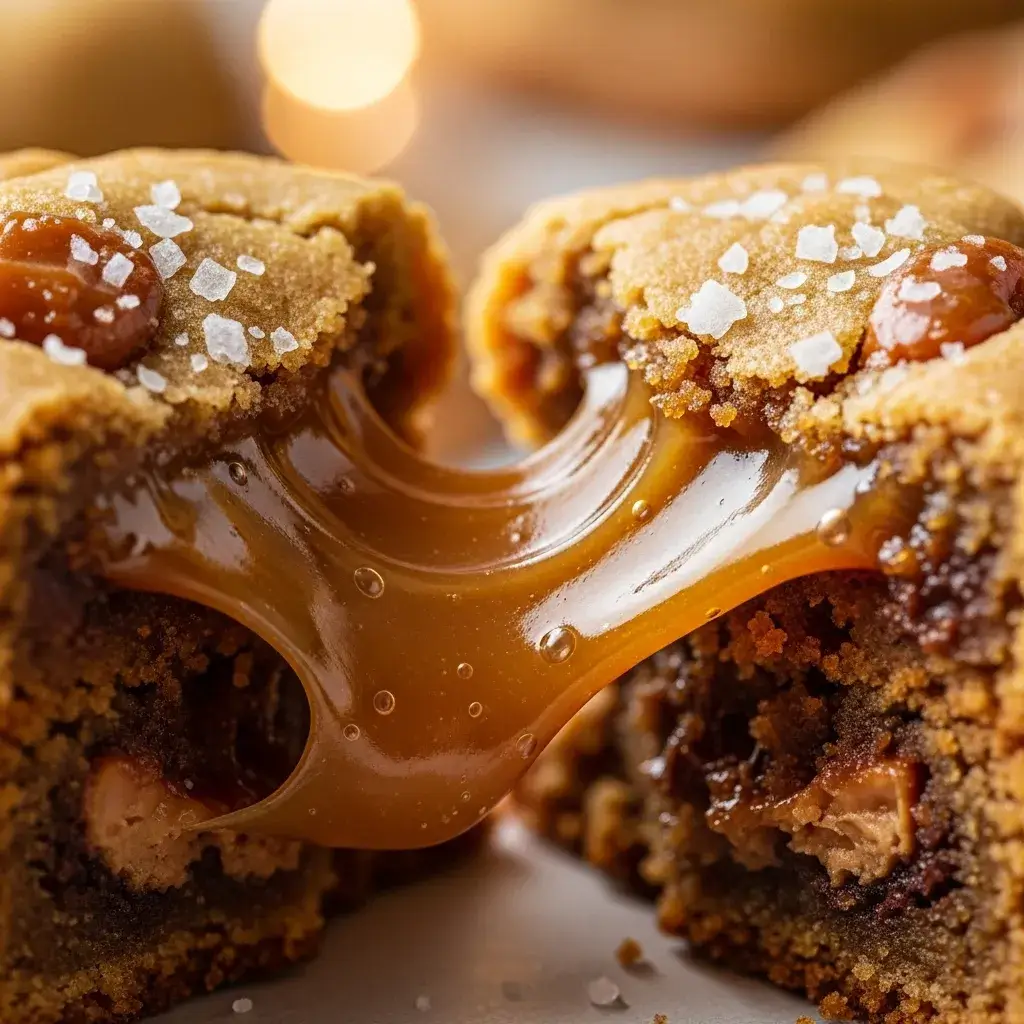 Salted Caramel Cookies (No Bake Recipe) 11 gooey-salted-caramel-cookie-broken-open