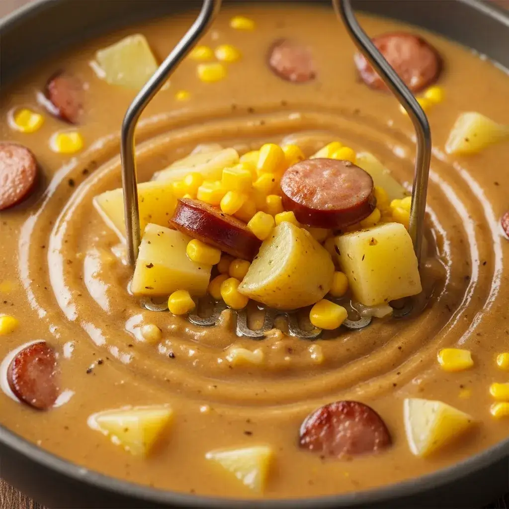 Sausage Potato and Corn Chowder 9 mashing-potatoes-in-chowder-to-thicken