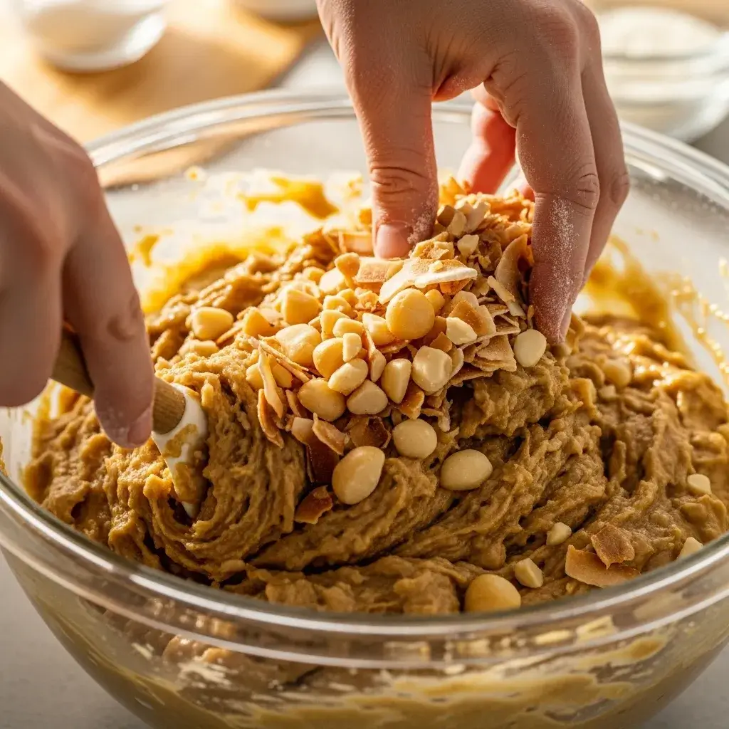 COCONUT MACADAMIA BANANA BREAD 9 mixing add-ins into banana bread batter