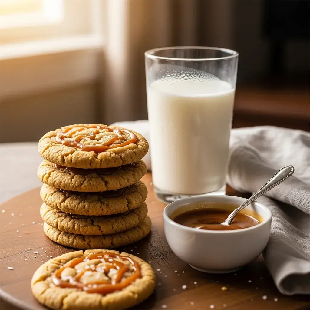 Salted Caramel Cookies (No Bake Recipe) 13 salted-caramel-cookies-serving-spread-with-milk