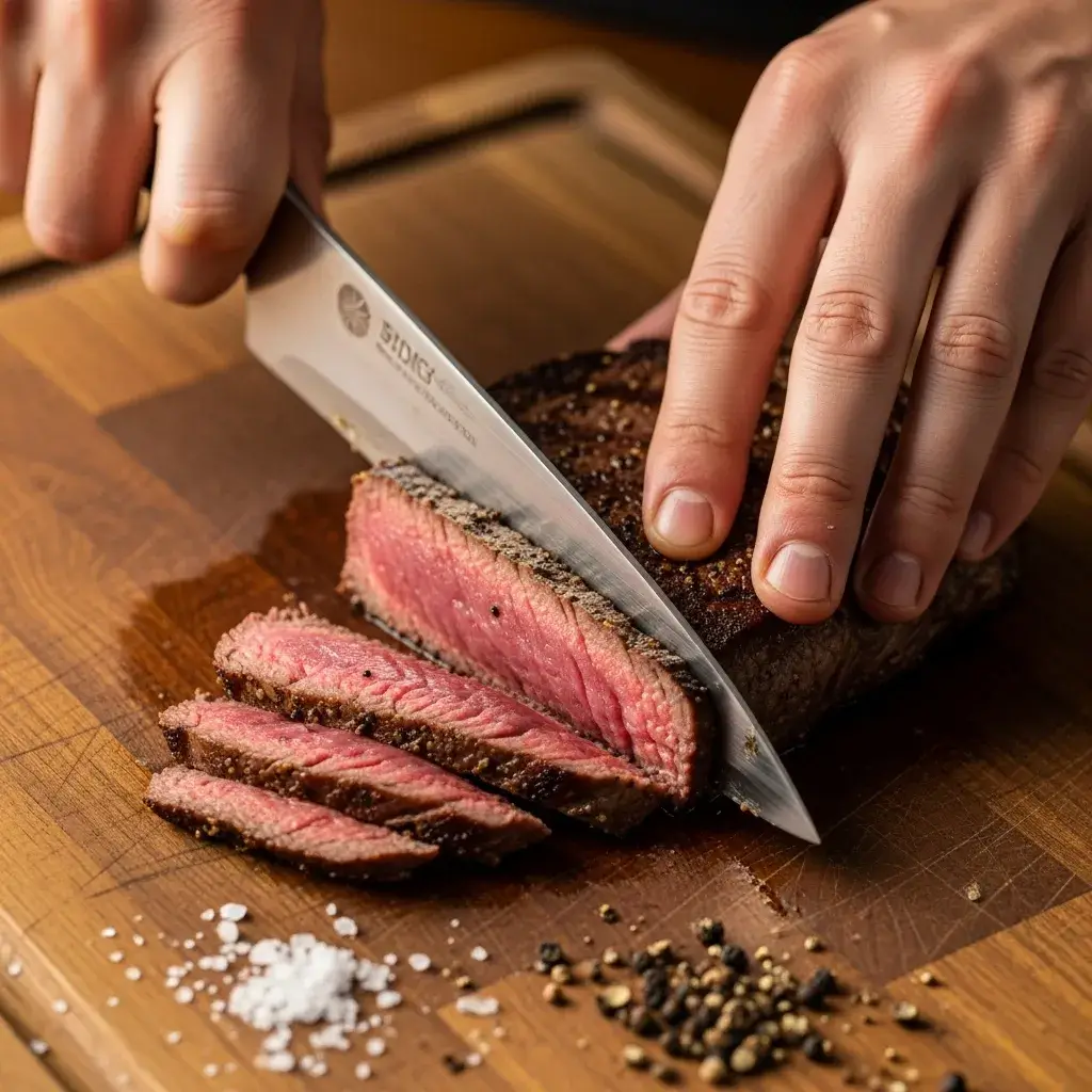 Easy Mediterranean Steak Bowl Recipe 9 slicing steak for mediterranean bowl against the grain