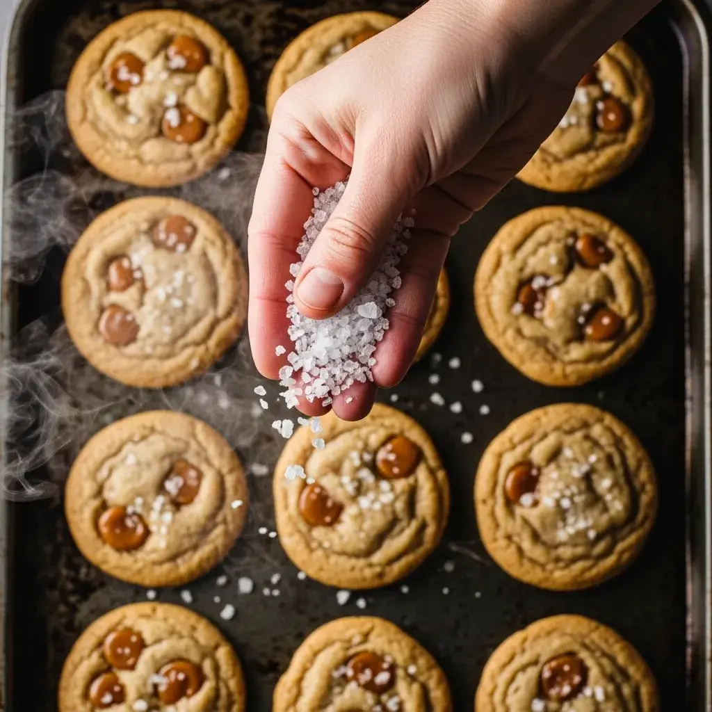Salted Caramel Cookies (No Bake Recipe) 10 sprinkling-flaky-salt-on-hot-caramel-cookies