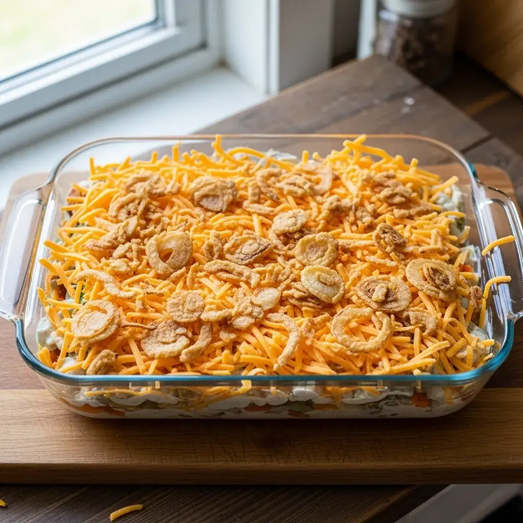 Gluten Free Tuna Noodle Casserole 9 unbaked gluten free casserole with cheese and onion topping