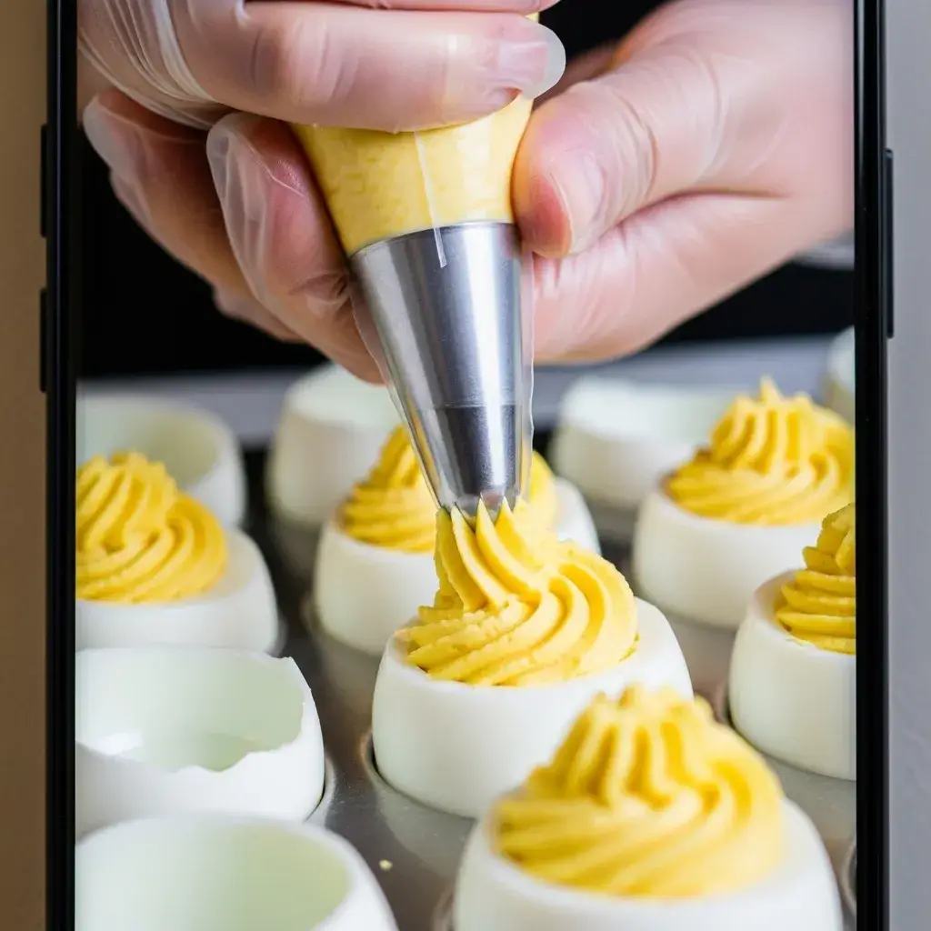 Keto Deviled Egg Recipe 9 piping filling into keto deviled eggs