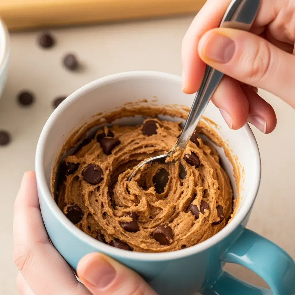 15-Minute Air Fryer Mug Cookie 10 mixing cookie dough in a mug